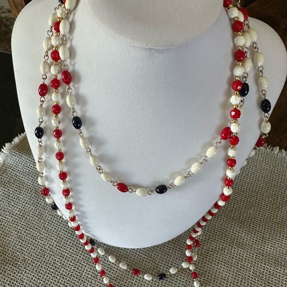 Elegant Red, White, and Blue Beaded Necklace